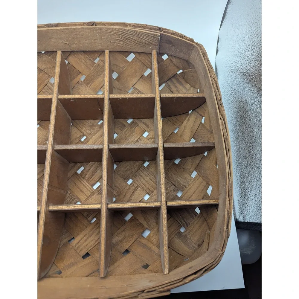 Vintage Woven Wood Divided Basket Trinket Shelf Rustic Farmhouse Decor 13x12x3.5